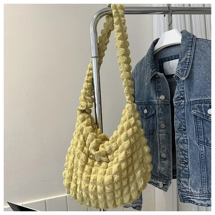 Fashion Pleated Design Shoulder Bag Cute Pleated Bubbles Solid Color Tote Bag Large Capacity Embroidered Satchel Bags Women