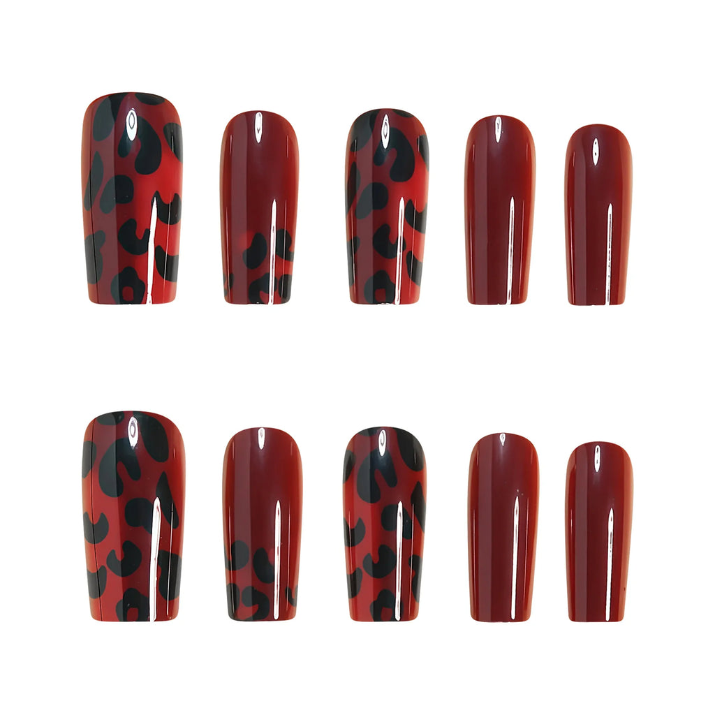 Medium fake nails tips for women girls gradient purple blue green red black leopard printing Square almond tips press on nails