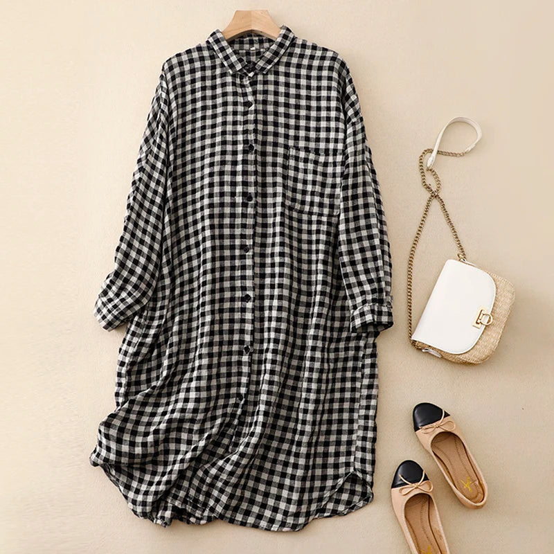 Cotton and linen plaid long-sleeved dress female spring and summer new Korean version of the loose large size temperament casual