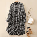 Cotton and linen plaid long-sleeved dress female spring and summer new Korean version of the loose large size temperament casual