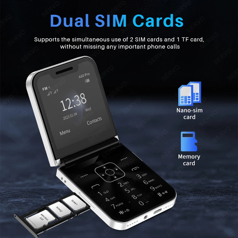SERVO A50 PRO Flip Mobile Phone 2G GSM 2.4" Display Auto Call Recorder Speed Dial 2 SIMs Foldable Telephones Official Authentic