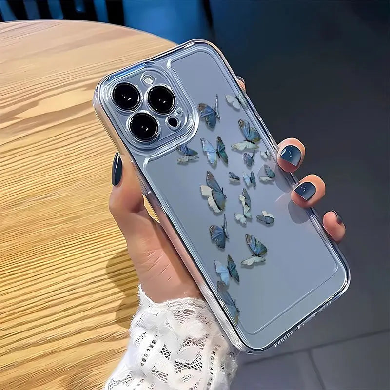 Flying Blue Butterfly Phone Case For iPhone 17 16 15 14 13 12 11 Pro Max Mini SE 7 8 Plus 16E Air Shockproof Transparent Cover
