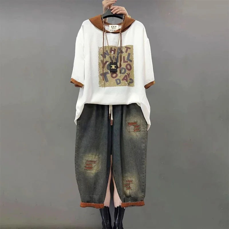 Jeans Set Women Denim Pants Two Piece Set 2025 New Loose Plus size Casual Suit Female Fashion Hooded Printed Jeans Sets