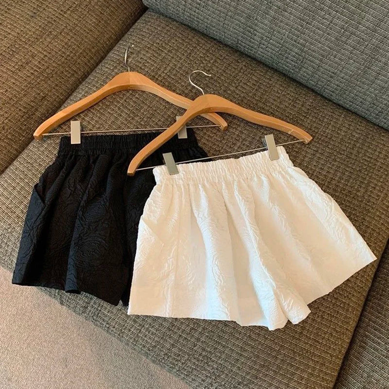 Lucyever Black White Jacquard Shorts Women 2022 Summer Elastic High Waist Pockets Wide Leg Shorts Woman Streetwear Half Pants
