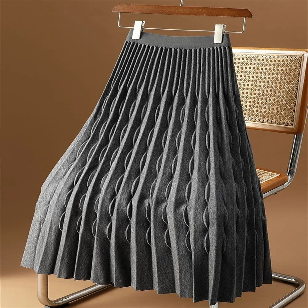 2024 korean fashion Autumn Winter New Women's Solid Colors High Waist Loose Elastic Pleated A-Line Black Skirt women clothing