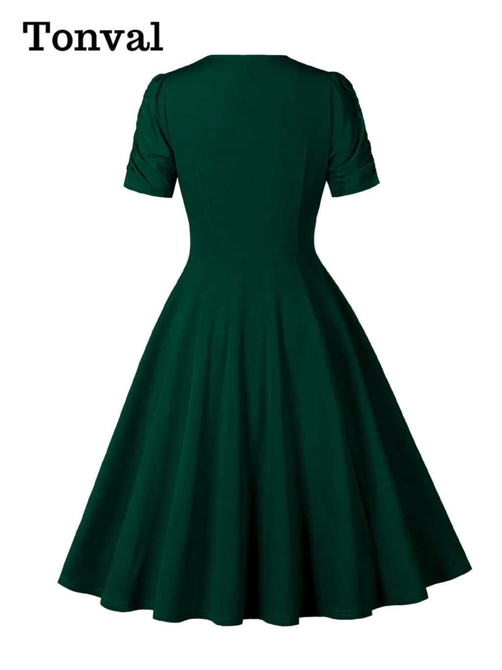 Tonval V-Neck Ruched Sleeve Green Plain Vintage Women Midi Dresses 2026 Summer Retro Prom Party Wear Pockets Side Swing Dress