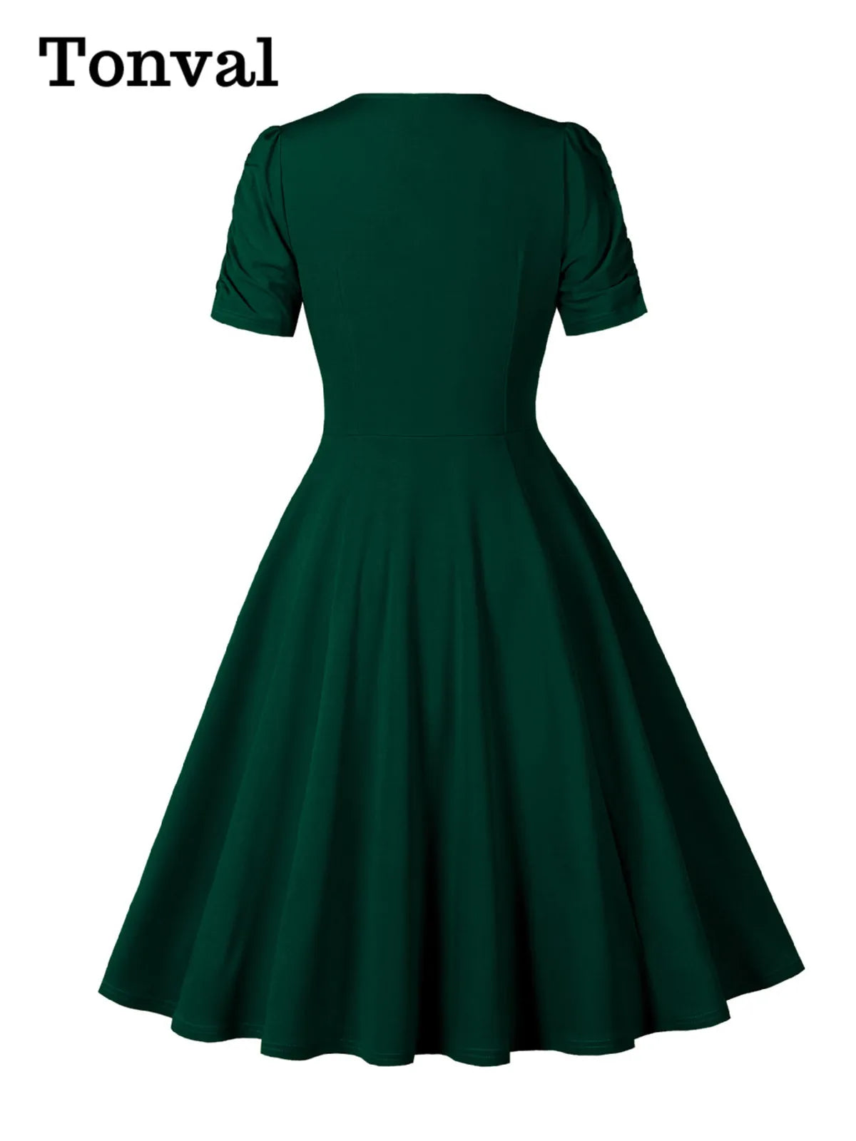 Tonval V-Neck Ruched Sleeve Green Plain Vintage Women Midi Dresses 2026 Summer Retro Prom Party Wear Pockets Side Swing Dress