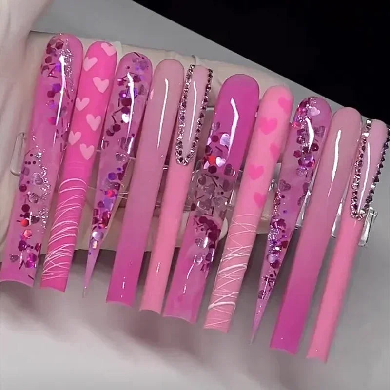 Handmade Crocodile Print Y2K Pink Custom XXXL Long Square Press On Nails Acrylic False Nail Tips Bling Fake Nail With Glue Party