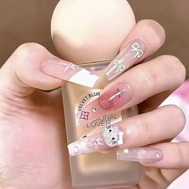 Y2k Girls Hello Kitty Cat Wearing Nails Cute Nail Art Pink Tone Anime Ins Fake Nail Patches Cartoon Kawaii  Kt Cat Women Diy