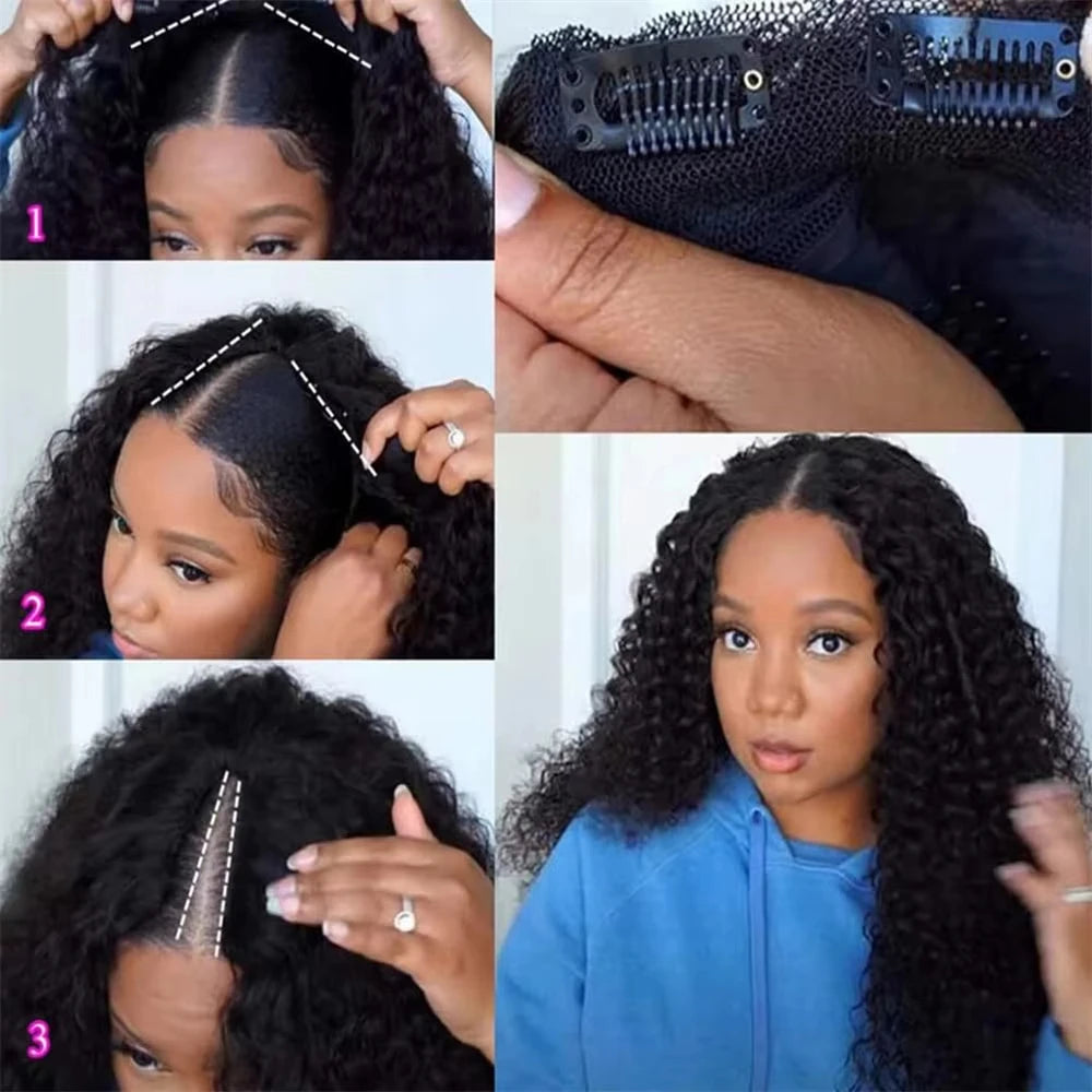 Curly Wigs V Part Human Hair Wigs for Black Women Water Wave Wigs Glueless V Shape Wigs Beginner Friendly In Natural Color