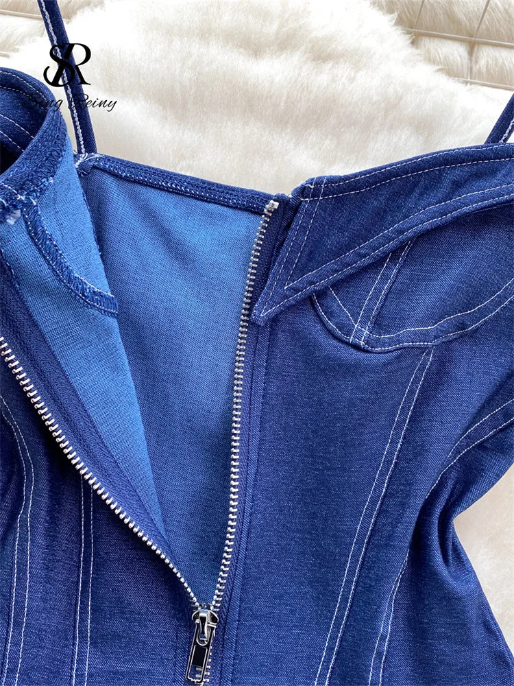 SINGREINY American Vintage Denim Bodysuits Spaghetti Strap Skinny Women Playsuits Fashion Streetwear Slim Sexy Zipper Rompers