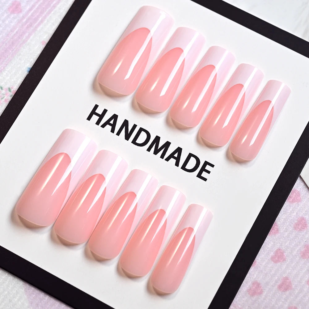 120Pcs Glossy Pink French Press On Nails 12-Sizes Long Square Fake Nails White Edge Design Full Cover False French Nails Tips t