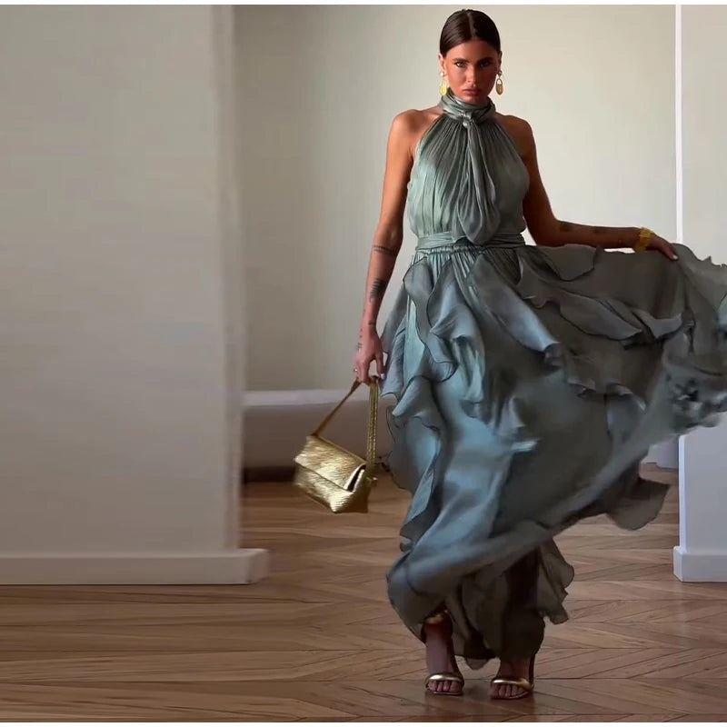 Fashion Halter Ruffle Long Dress Women Chiffon Sleeveless Ruffled Tiered Waist Cinching Party Dresses Lady Holiday Y2K Chic Robe