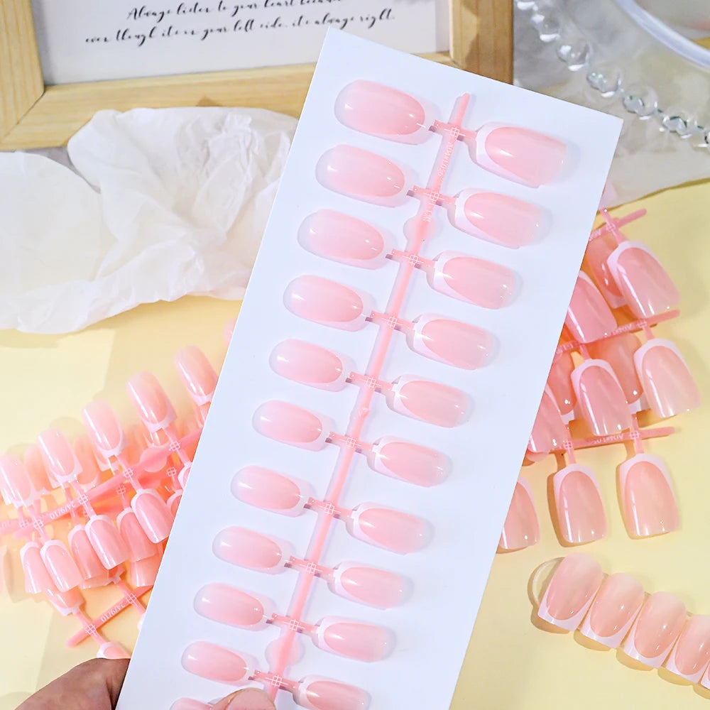 120Pcs Short Square Coffin French Fake Nails Glossy Pink  Full Cover Wearable Press on Nails Wearable Acrylic Fake Nails Tips #