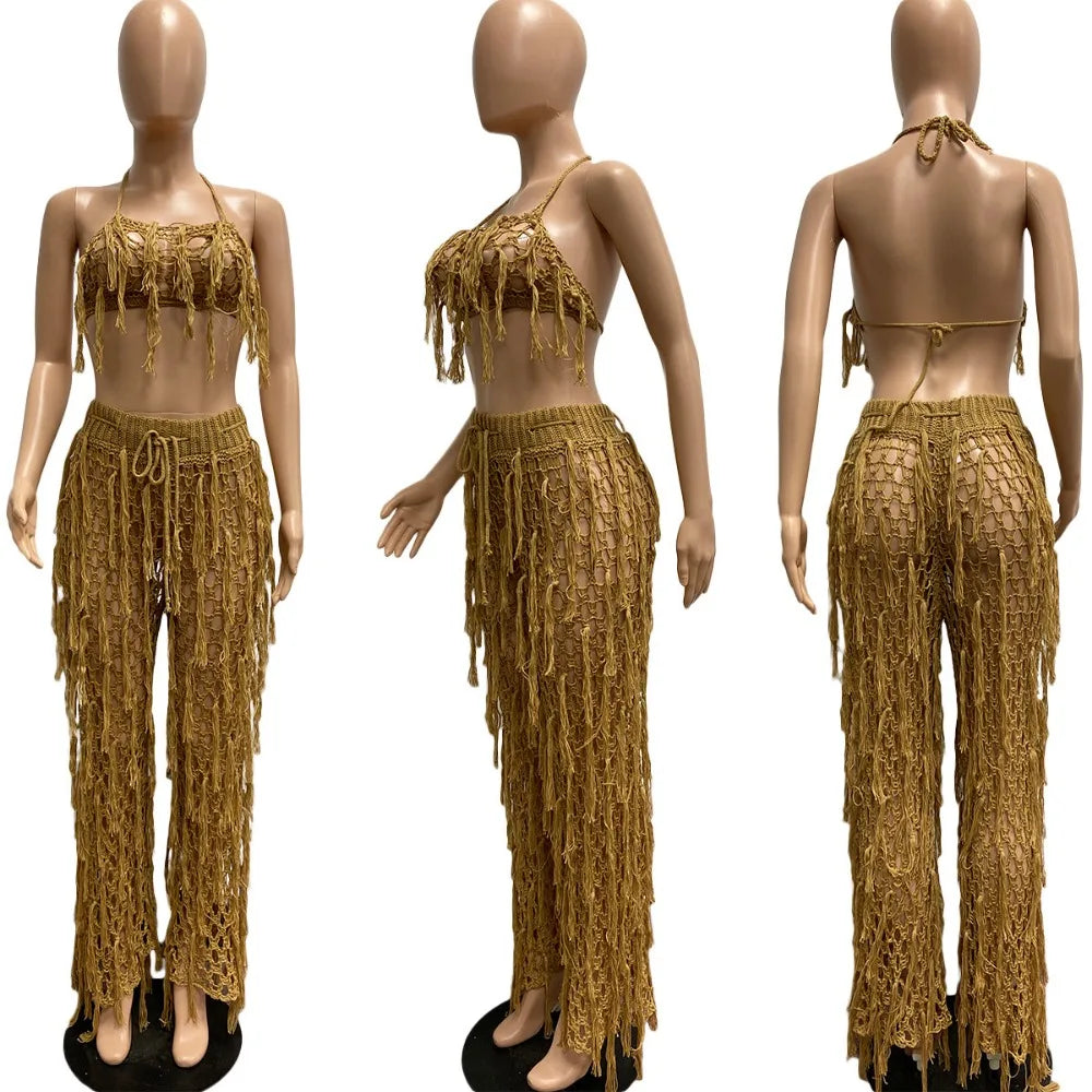 FAGADOER Sexy Hollow Out Tassels Pants Two Piece Sets Women Halter Sleeveless Backless Crop Top + Pants Outfit Female Streetwear