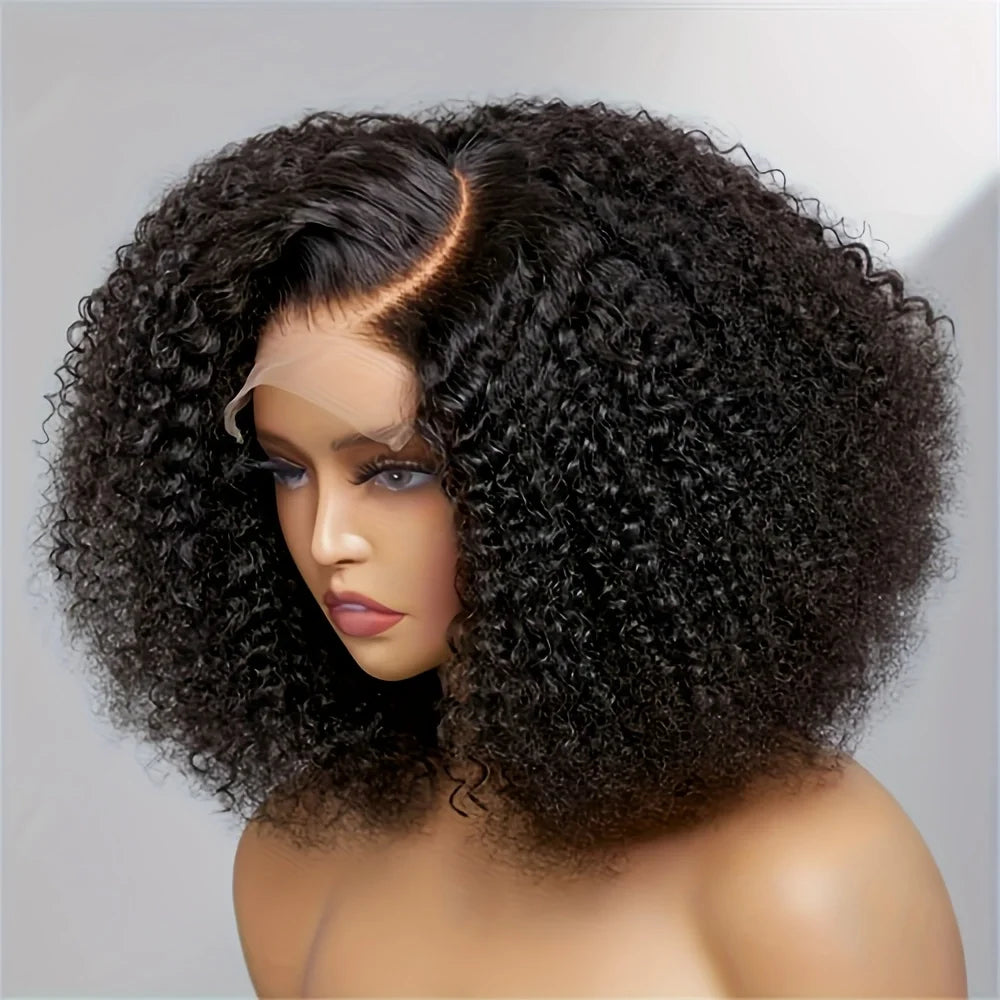 Short Bob Black 13*4*1  16 Inch 180Density Glueless Synthetic Kinky Curly 13x4 Lace Front Wig For Women Babyhair PrePlucked