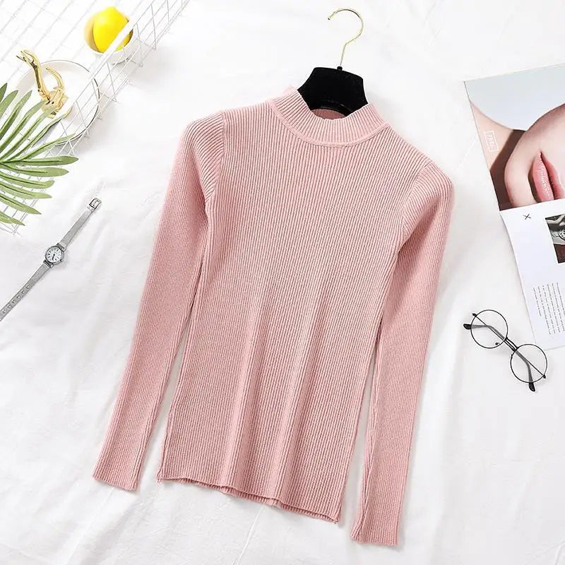 Autumn Winter Women Pullover Sweater Fashion Half Turtleneck Knitted Female Jumper Long Sleeve Winter Soft Elastic Tops