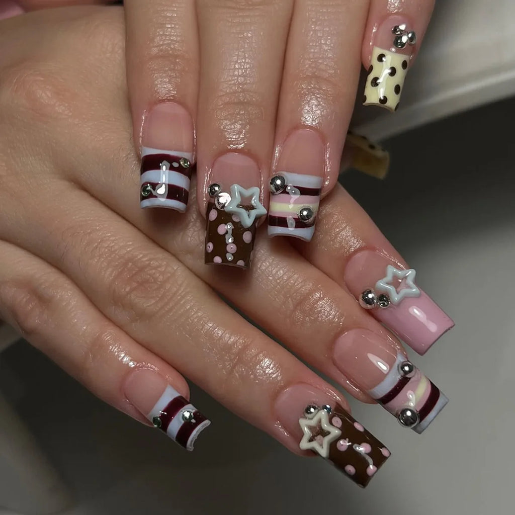 24PCS Y2k Yellow French Press on Nails Pink Stripes Medium Coffin 3D Bowknot Fake Nails Sweet Polka Dot Square Wearable Nail Tip
