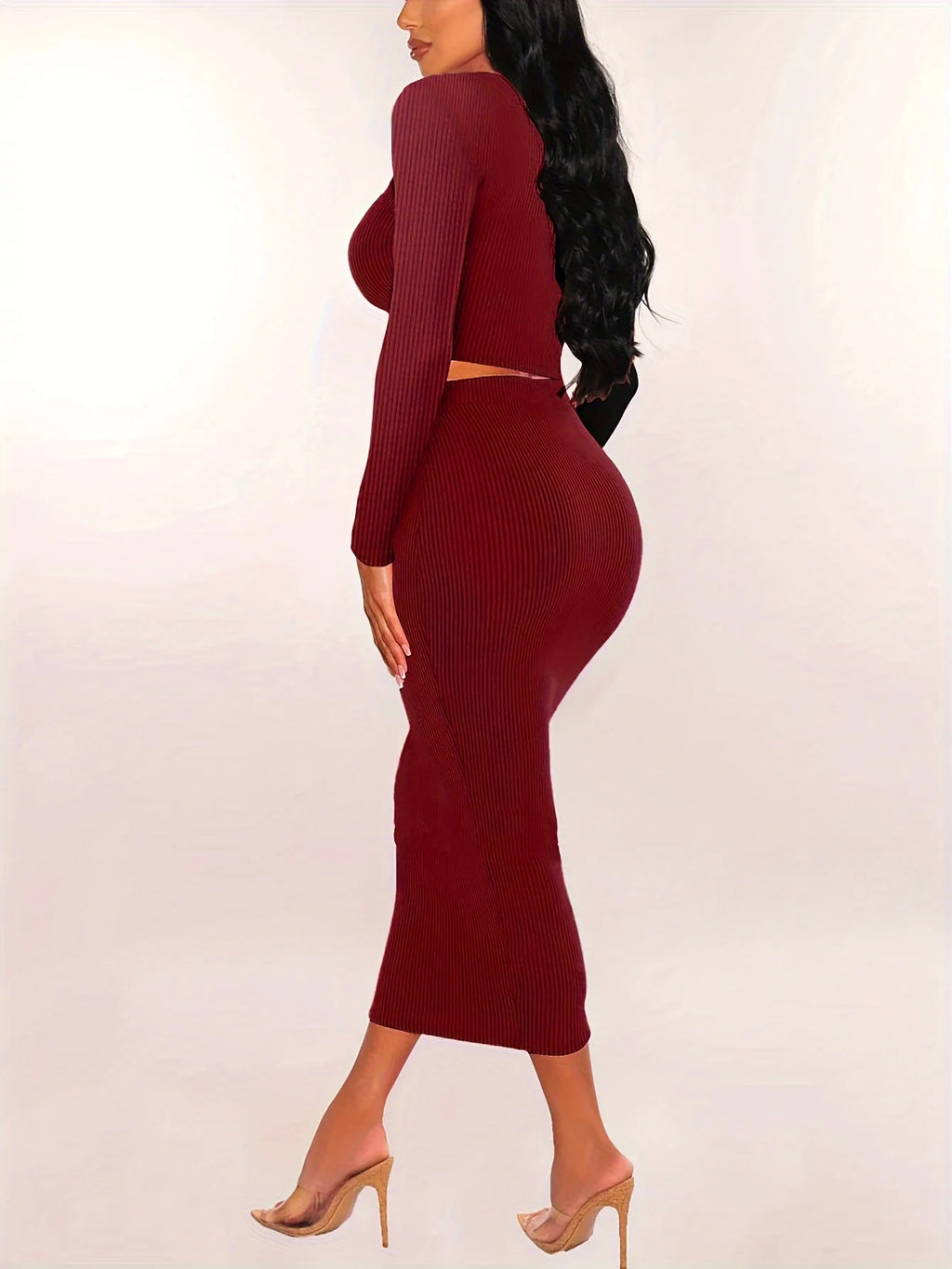 Women Skirts Set Long Sleeve Crop Tops Dress Two Piece Solid Color Skinny Bodycons Outfits Suits Knitted Slim Clothing