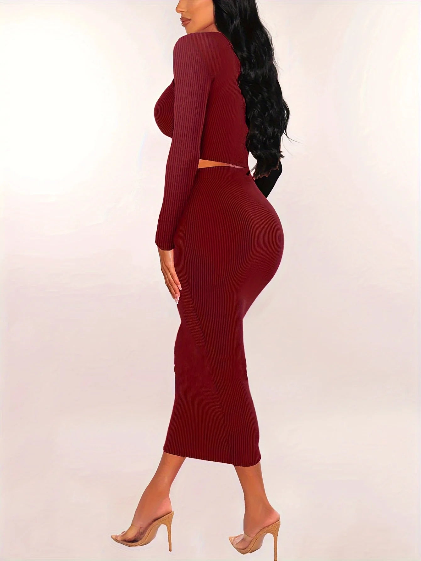 Women Skirts Set Long Sleeve Crop Tops Dress Two Piece Solid Color Skinny Bodycons Outfits Suits Knitted Slim Clothing