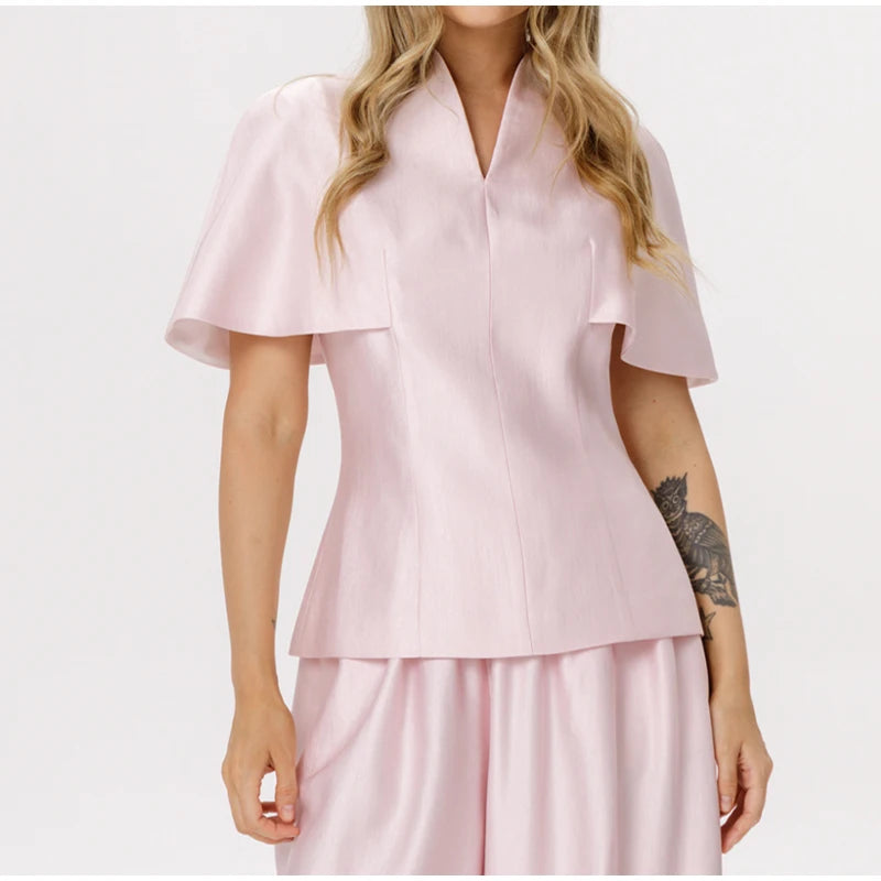 Casual Summer Women's Suit Solid Patchwork Top Long Pants Sets V-neck Short Sleeve Tops Loose Lantern Pant 2026 Lady Chic Suits