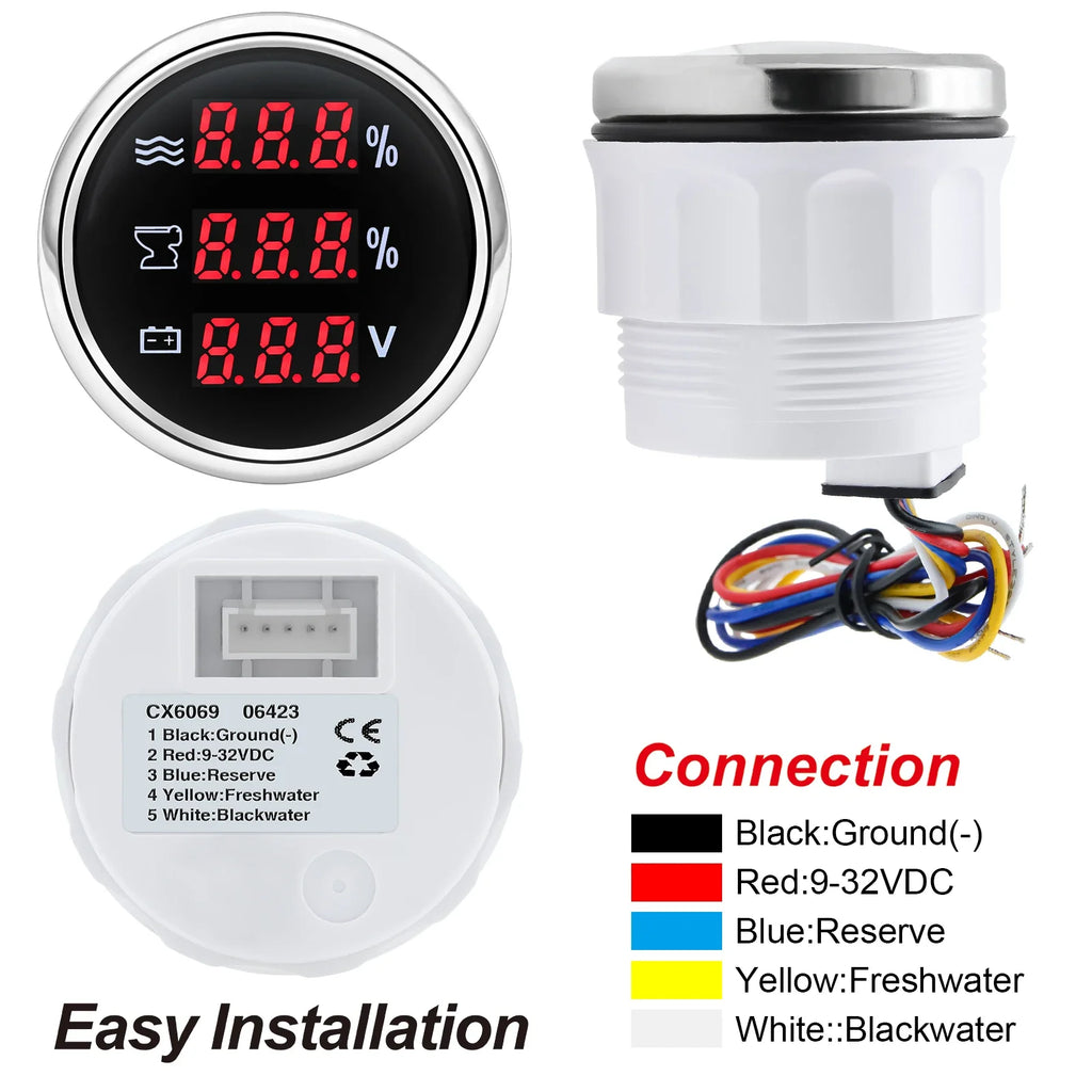 Red LED Digital 52mm 3In1 Gauge 0-190ohm Water Level Indicator+Sewage Level Gauge+Voltmeter for Water Waste Level Sensor Custom