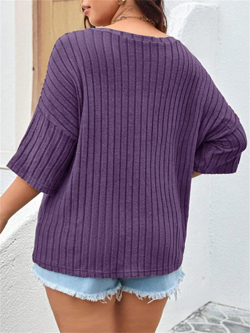 GIBSIE Plus Size Drop 3/4 Sleeve Loose Rib-knit T Shirt Women Summer 2025 Solid Color V-Neck Pocket Casual Female Tops Tees