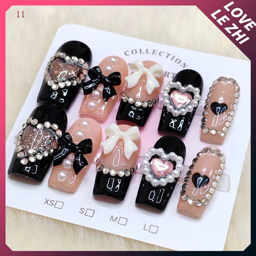 10Pcs Sweet Lovely Handmade Long Coffin Wearable Fake Nail Kawaii Girlish Heart Cartoon Pink Pearl Bow Diamond False Nail Gift