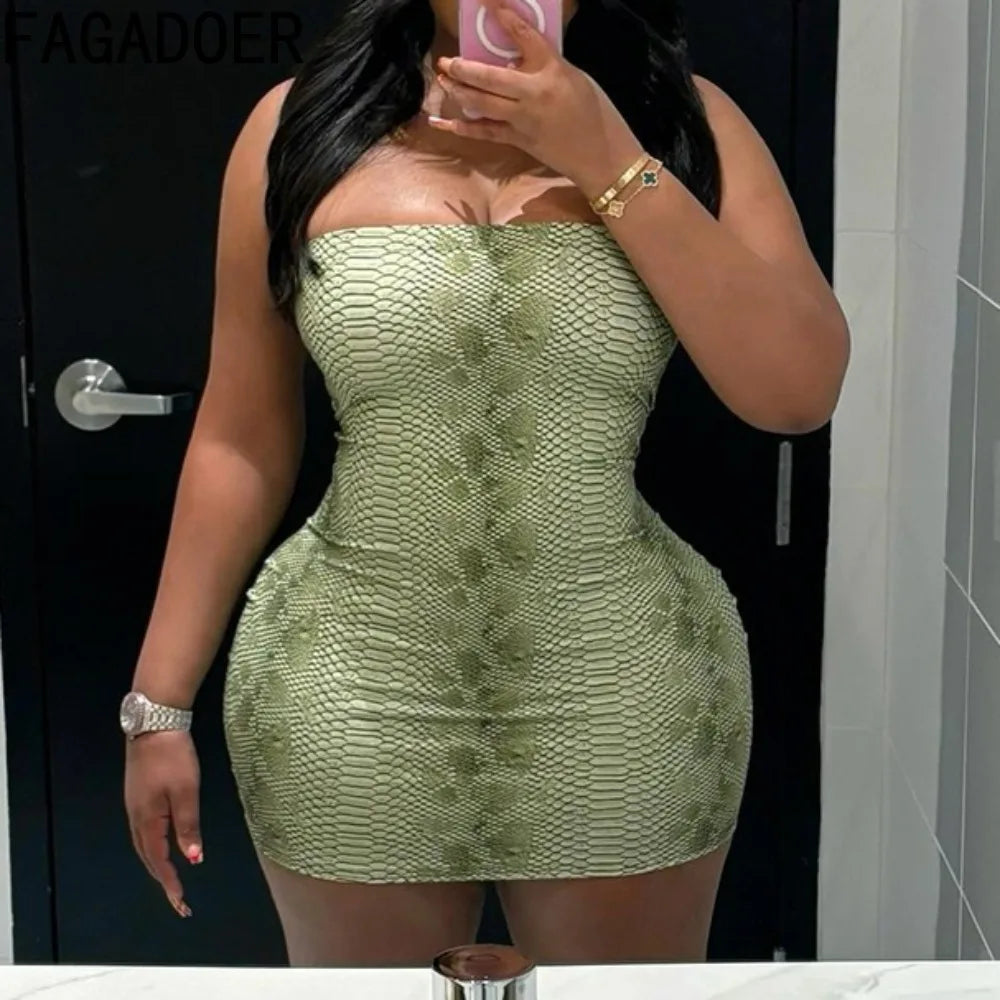 FAGADOER Sexy Serpentine Print Patchwork Bodycon Mini Dresses Woman Sleeveless Backless Dress Hot Girl Streetwear Vestidos 2026