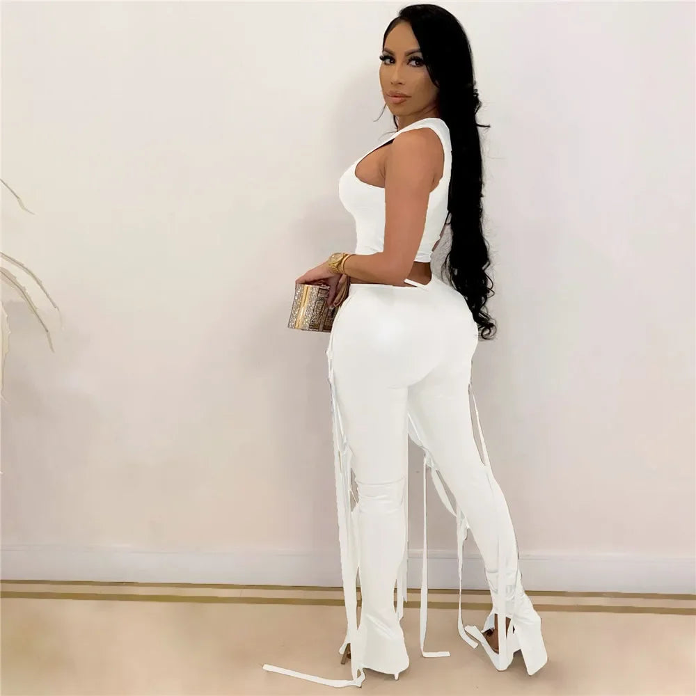 Sexy PU Faux Leather Two Piece Set for Women Matching Sets Y2K Party Club Crop Top and Ribbons Pants 2 Piece Sets Women Outfit