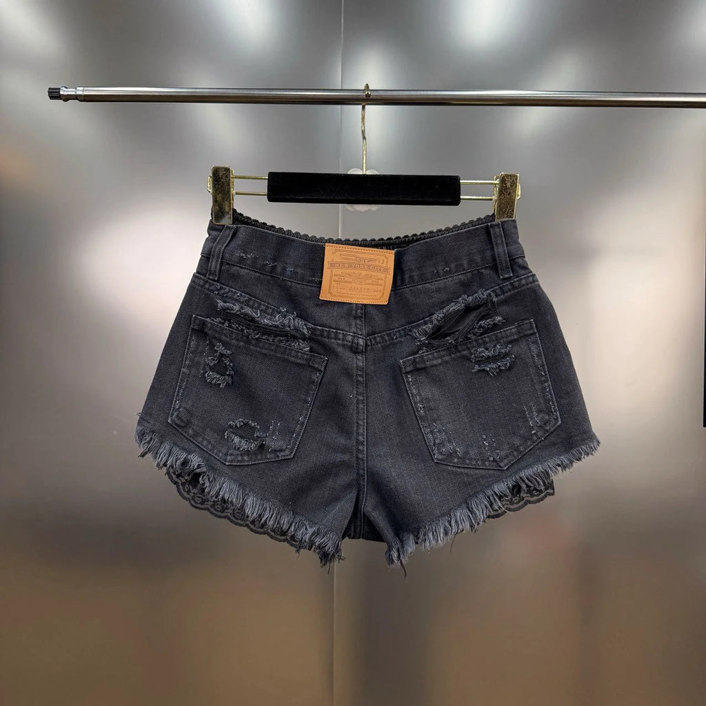 Summer 2025 New French Retro Lace Splicing Ripped Rough Edge Fake Two-piece Denim Shorts Spice Girl Y2K High-waisted Slim Jeans