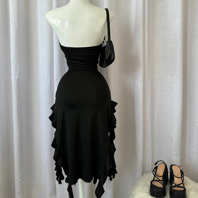 Sexy Strapless Tube Long Dress Summer Women Sleeveless Backless Irregular Layered Ruffled Tassels Skirt Y2K Fashion Slim Dresses