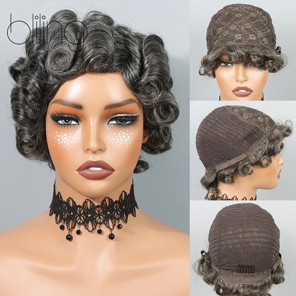 Salt and Pepper Pixie Cut Human Hair Wigs for Women Gray Hair Black Mixed With 60#Color for Daily Use Glueless Loose Wave Wigs