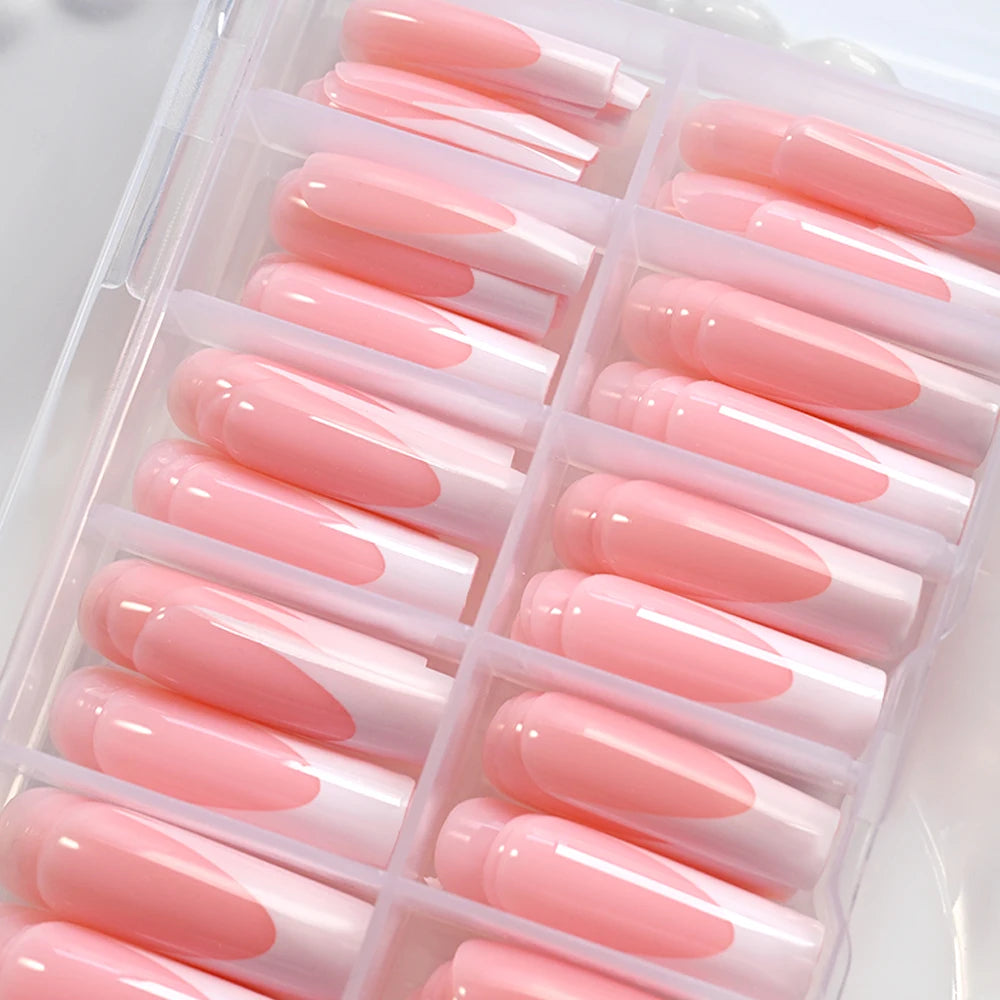 120Pcs Glossy Pink French Press On Nails 12-Sizes Long Square Fake Nails White Edge Design Full Cover False French Nails Tips t
