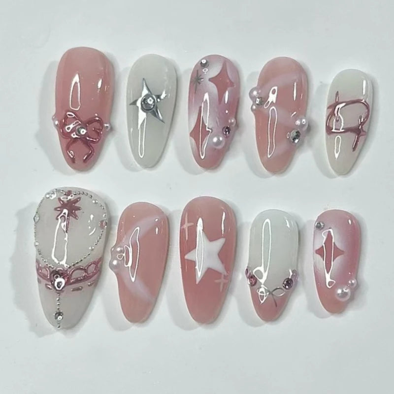 24Pcs Pearl Stars Bowknot Press on Nails French Almond Acrylic False Nails Cute Sweet Pink Fake Nails Cat Eye Glitter Nail Art