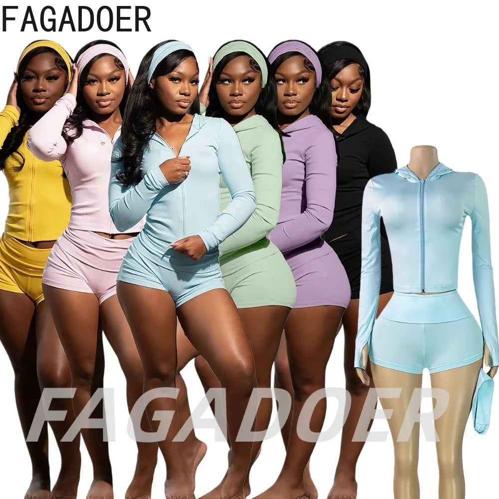 FAGADOER Casual Shorts 3 Piece Sets Women Hooded Zipper Crop Top + Headband + Bodycon Shorts Outfits Summer Fashion Sports Suits