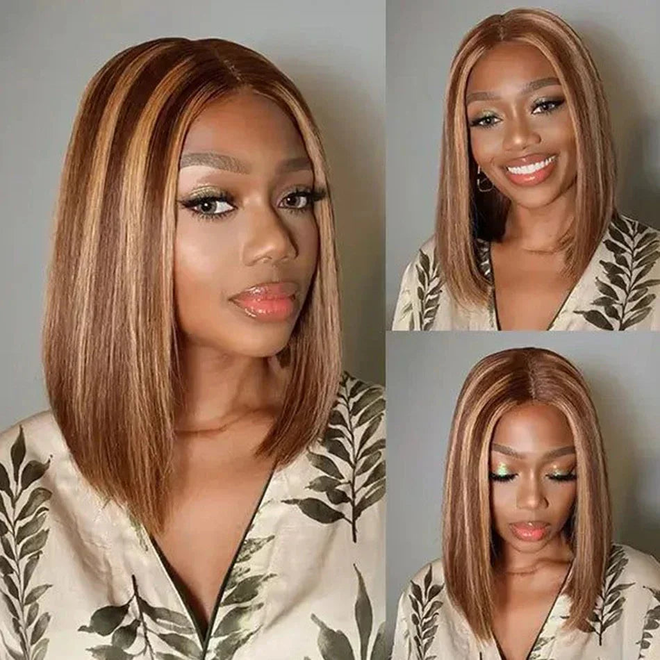 Straight Highlight Ombre Bob Wigs Human Hair 4/27 Honey Brown 13x4 Transparent Lace Front Human Hair Brazilian Wig Density200%