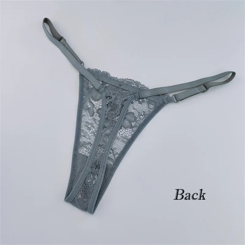 Solid Floral Lace Sexy Panties Ladies Low Waist Bow T-back Thong Adjustable Thin Belt Underwear Hollow See-through Lingerie 3PCS
