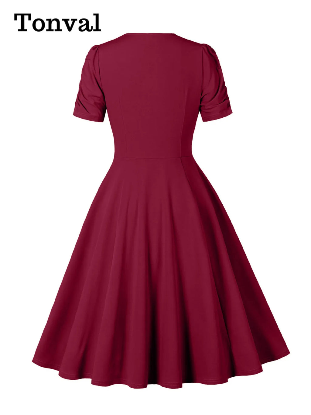 Tonval V-Neck Ruched Sleeve Green Plain Vintage Women Midi Dresses 2026 Summer Retro Prom Party Wear Pockets Side Swing Dress