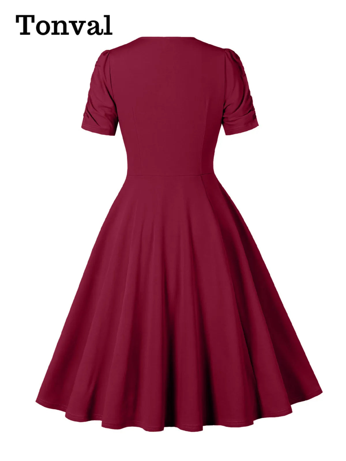 Tonval V-Neck Ruched Sleeve Green Plain Vintage Women Midi Dresses 2026 Summer Retro Prom Party Wear Pockets Side Swing Dress