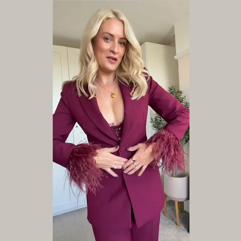 Elegant Feathers Women Blazer Pants Suit Lapel Button Coat Straight Wide Leg Trousers Lady Set 2026 Spring Female Outfits