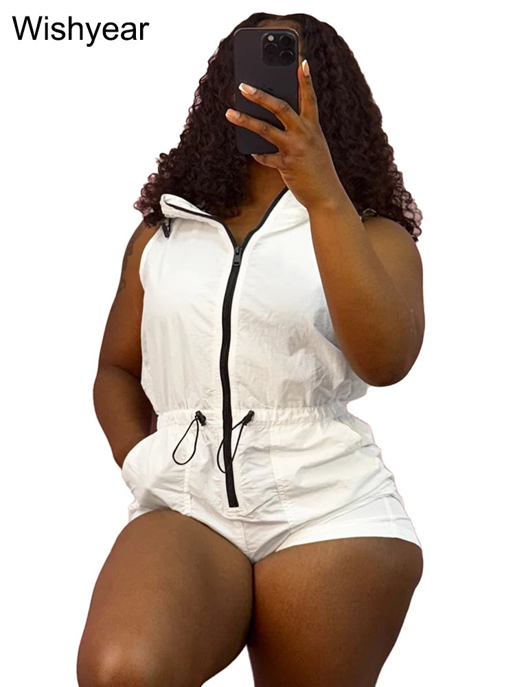 Casual Women's Short Jumpsuits Summer Sleeveless Zipper Front Drawstring Waist Playsuits Pocket One Pieces Romper Streetwear y2k