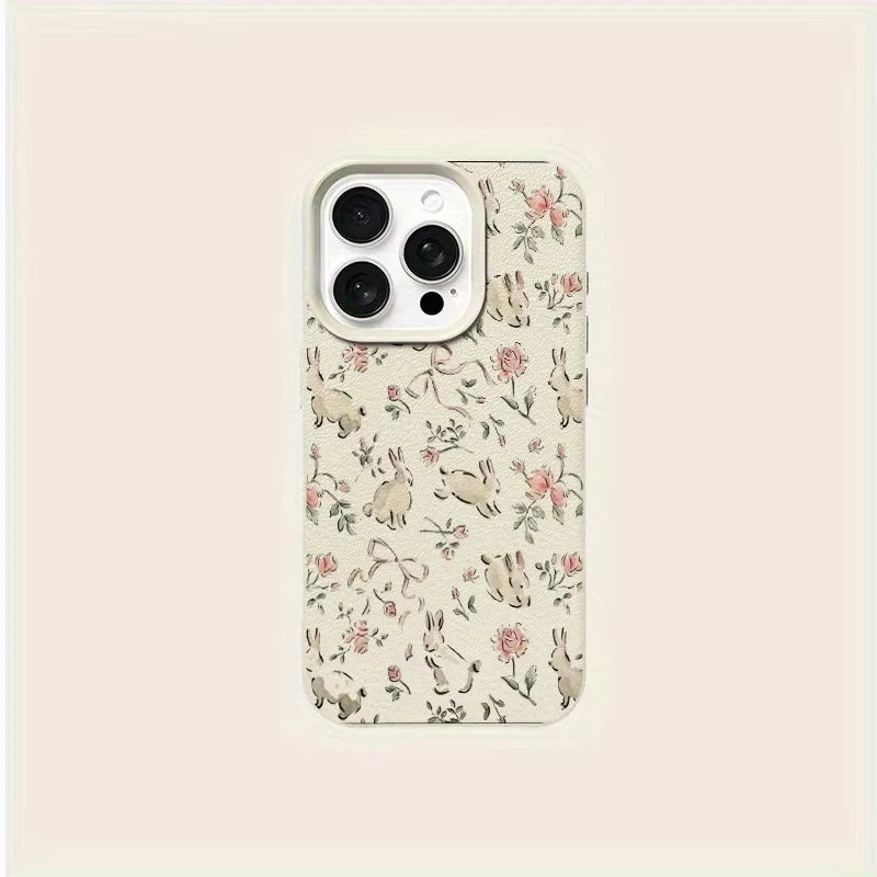 Phone Case For iPhone 17 Pro Max 16 Plus 15 Pro 14 13 12 11 XR 17Air Cute Butterfly Bunny Pink Floral  Lychee Textur Soft Cover