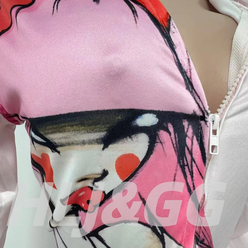 HLJ Y2K Trend Fashion Pattern Print Hooded Two Piece Sets Women Zip Long Sleeve Slim Crop Top + Skinny Pants Outfits Streetwear