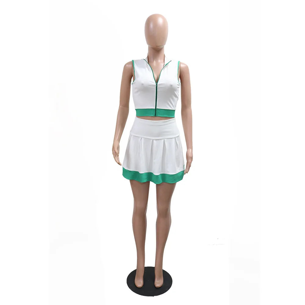 Women Two Piece Sets Shorts Skirt Set Zipper Sleeveless Sexy Tops Short Skirts A Line High Waist Y2k Streetwear Elegant Work