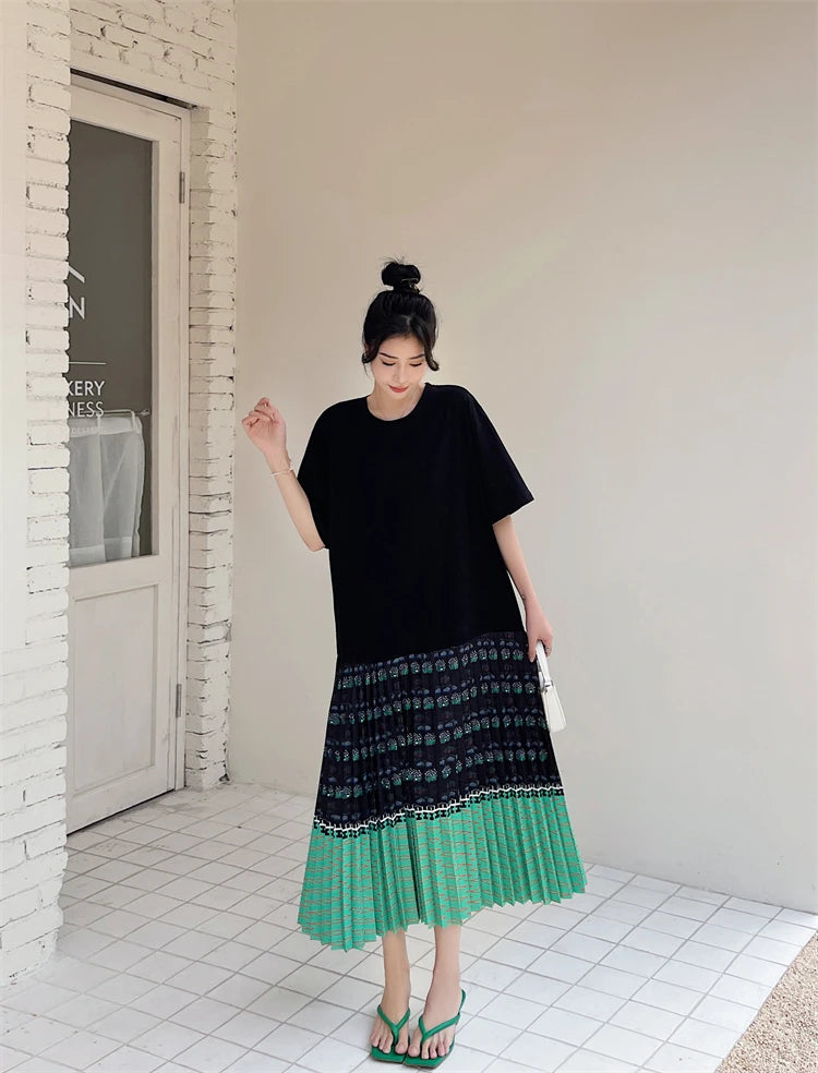NYFS 2026 Summer New Korean Woman Dress Vestidos Robe Elbise Loose Plus Size Short Sleeve Patchwork Two Fake Pieces Long Dresses