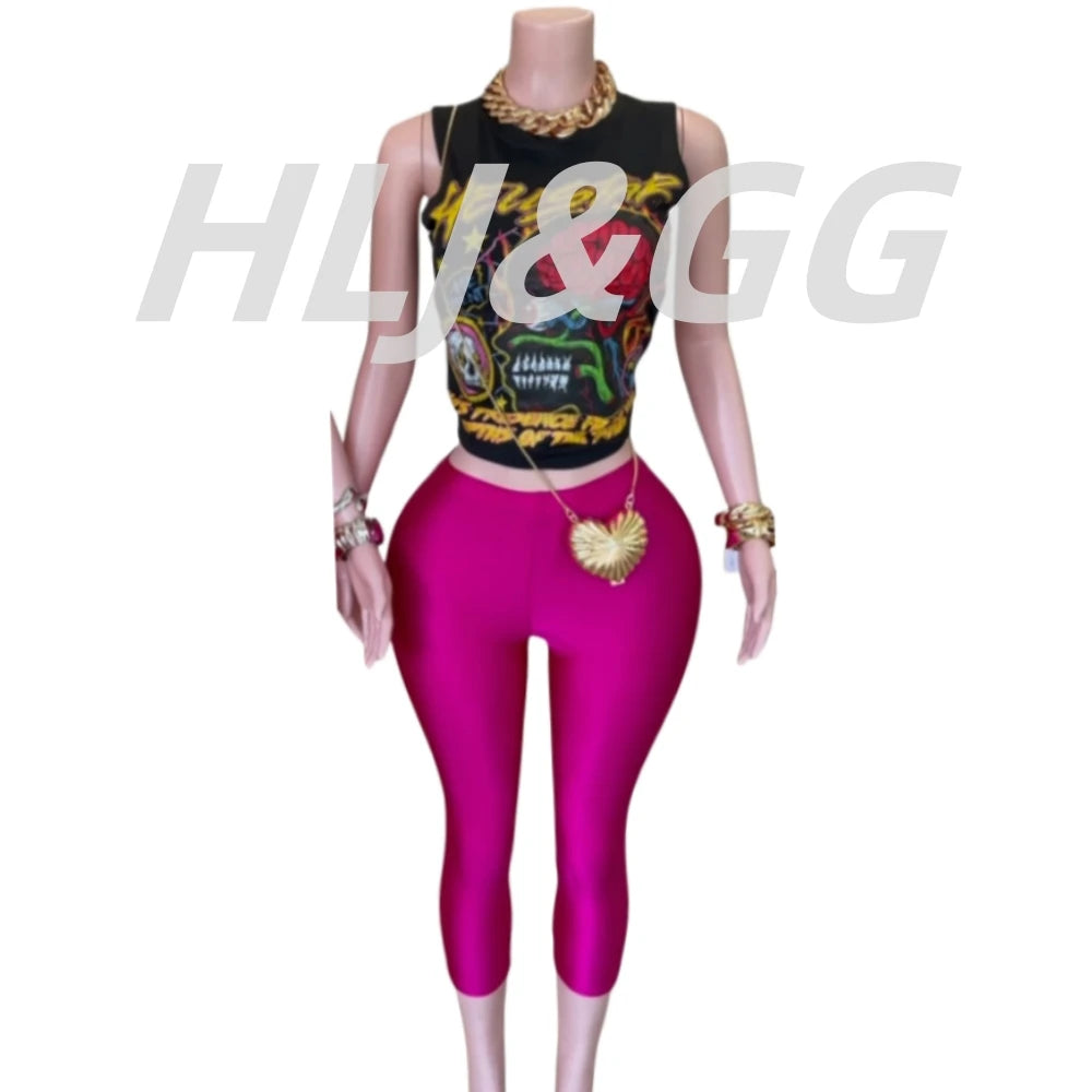 HLJ Fashion Y2K Pattern Print Two Piece Sets Women Round Neck Sleeveless Top+Skinny Shorts Outfits Trend Female 2pcs Streetwear