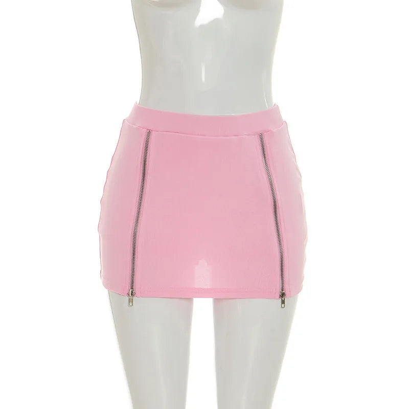 Women Solid Casual 2 Piece Set Tracksuits Zip-up Sleeveless Hooded Tanks Tops + Zippers Bodycon Mini Skirts Streetwear Suits