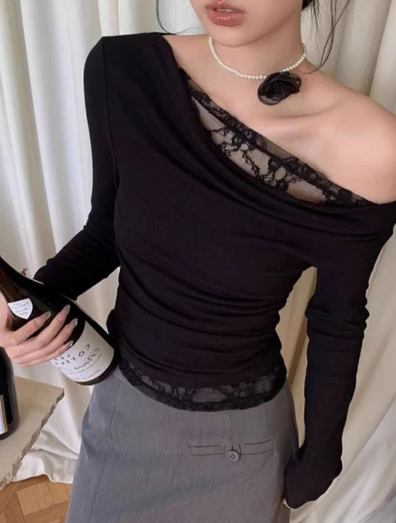 Lace Patchwork Sexy Slash Neck Blouse Slim Solid Long Sleeve Chic Shirt Chic Harajuku Elegant Commuter Office Lady Tops