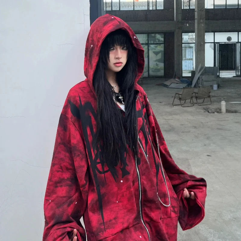 2025 Y2k Aesthetic Printing Punk Hoodies Women Grunge Loose Pocket Oversized Hooded Hoody Harajuku Streetwear Zipper Sweatshirts